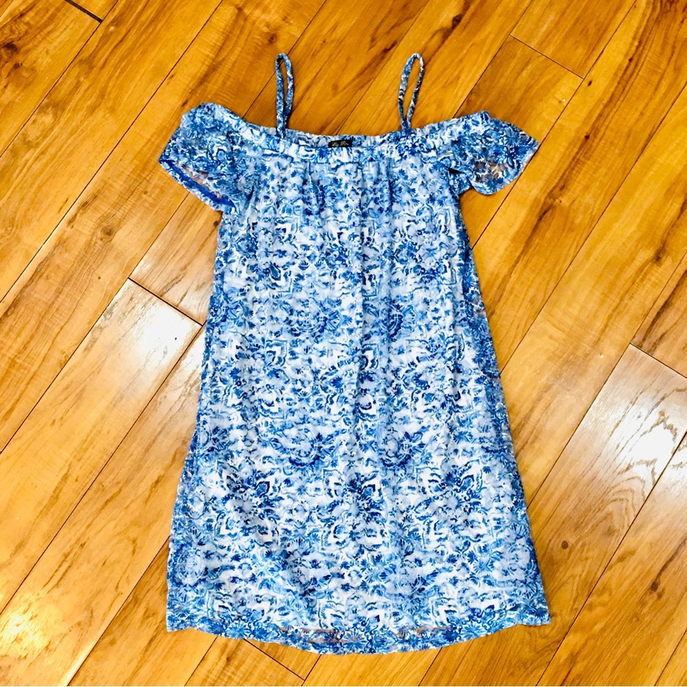 Feminine floral flower girl date night teacher dress blue white lace sof…